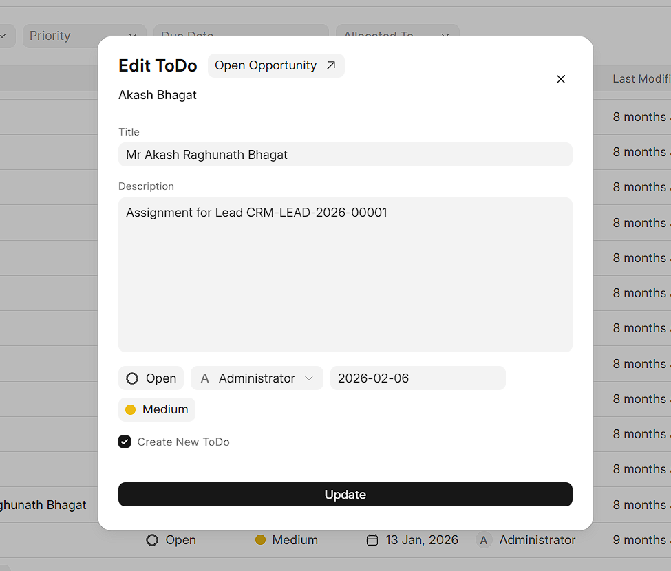 Contextual ToDo-to-Opportunity Bridge Modal
